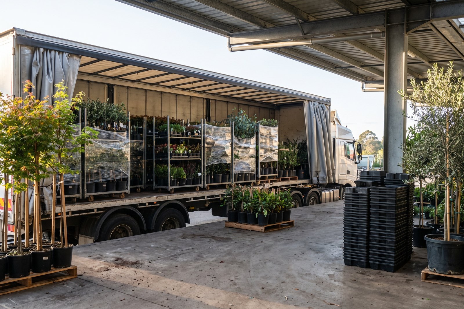 Shrink-wrapped nursery carts of plants and pallets of potted shrubs standing on a wholesale nursery loading dock with a truck backed up to it.